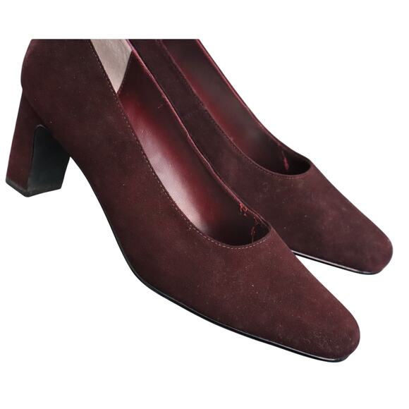 Vintage 90s Karen Scott Burgundy Maroon Block Suede Heel Pump Square Toe 7 - Picture 1 of 9